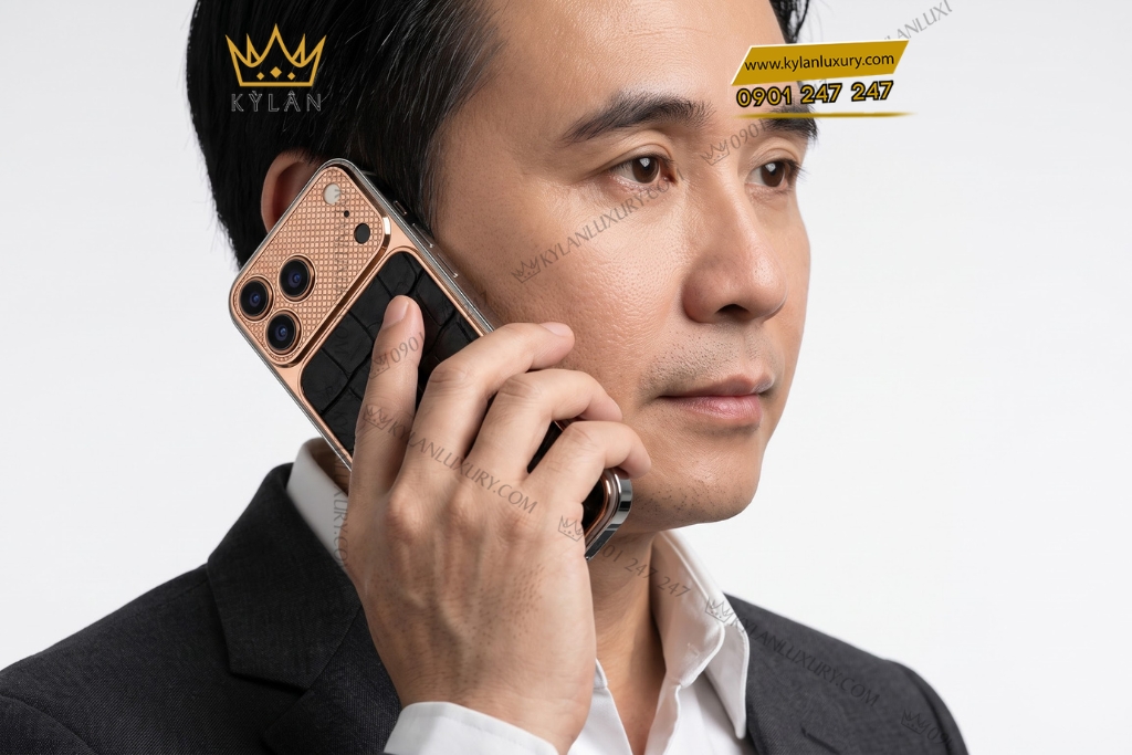 Kỳ Lân Luxury Dien thoai iPhone 17 Pro Max vang hong Au750 boc da ca sau 9 Điện thoại iPhone 17 Pro Max vàng hồng Au750 bọc da cá sấu