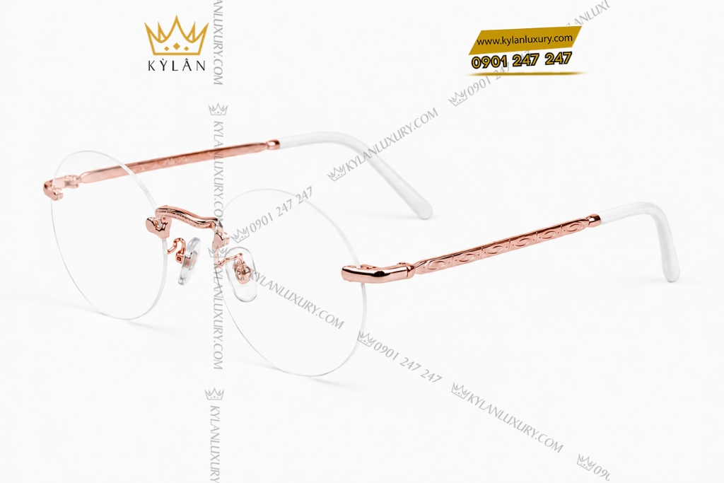 Kỳ Lân Luxury Mat kinh gong tron vang hong Au750 khong vien 3 Mắt kính gọng tròn vàng hồng Au750 không viền