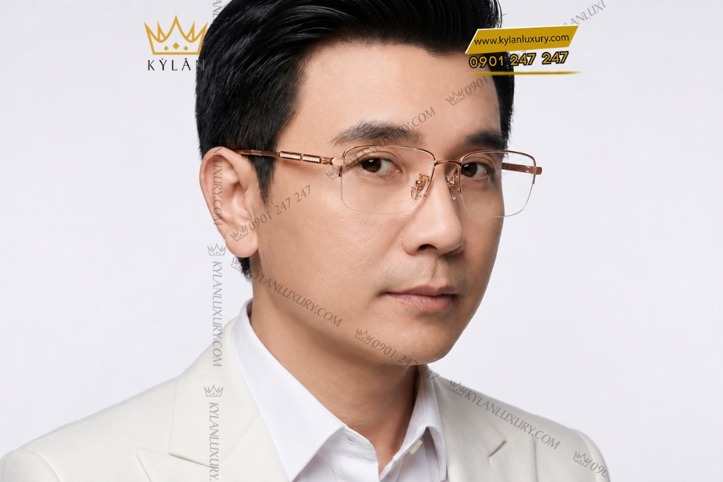 Mắt kính vàng hồng Au750 đính kim cương