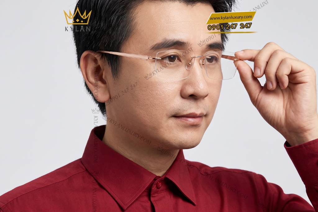 Mắt kính vàng hồng Au750 không viền dáng chữ nhật