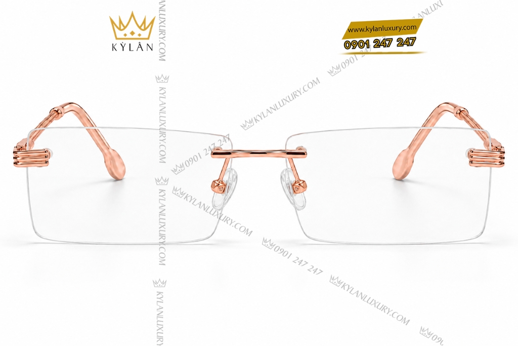 Mắt kính vàng hồng Au750 không viền họa tiết bện xoắn