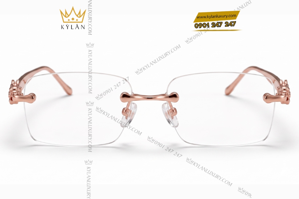 Mắt kính vàng hồng Au750 không viền họa tiết rồng