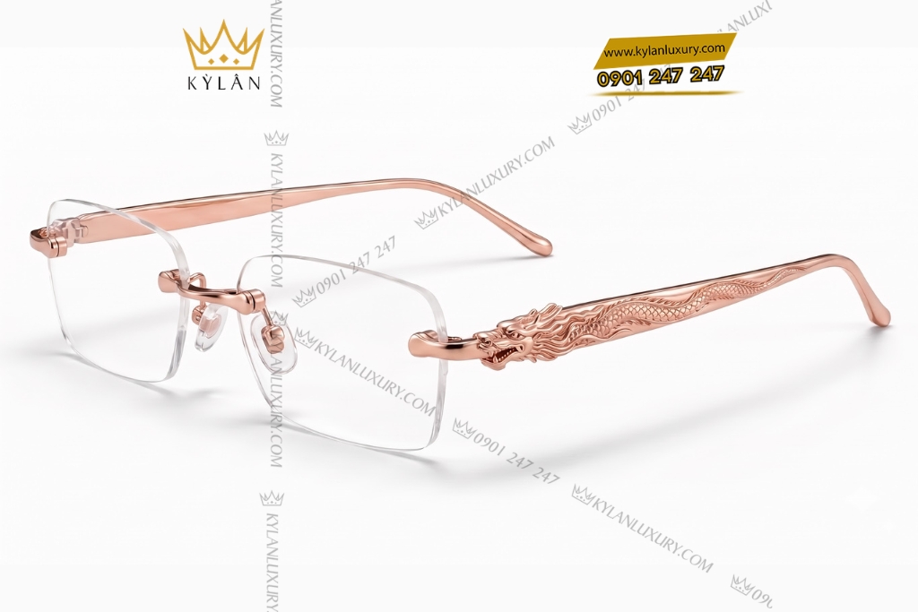 Mắt kính vàng hồng Au750 không viền họa tiết rồng