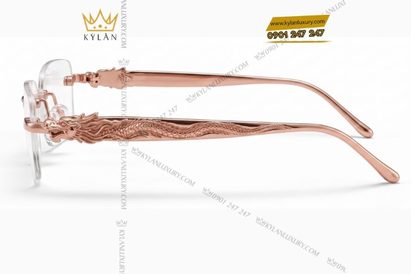 Mắt kính vàng hồng Au750 không viền họa tiết rồng