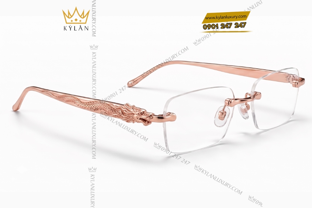 Kỳ Lân Luxury Mat kinh vang hong Au750 khong vien hoa tiet rong 5 Mắt kính vàng hồng Au750 không viền họa tiết rồng