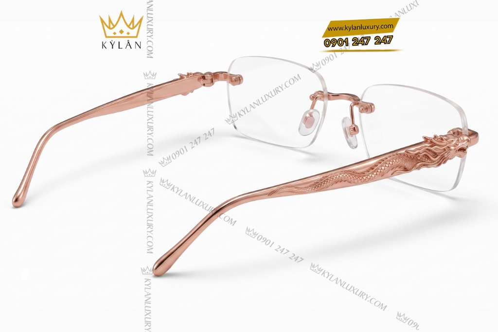 Kỳ Lân Luxury Mat kinh vang hong Au750 khong vien hoa tiet rong 6 Mắt kính vàng hồng Au750 không viền họa tiết rồng