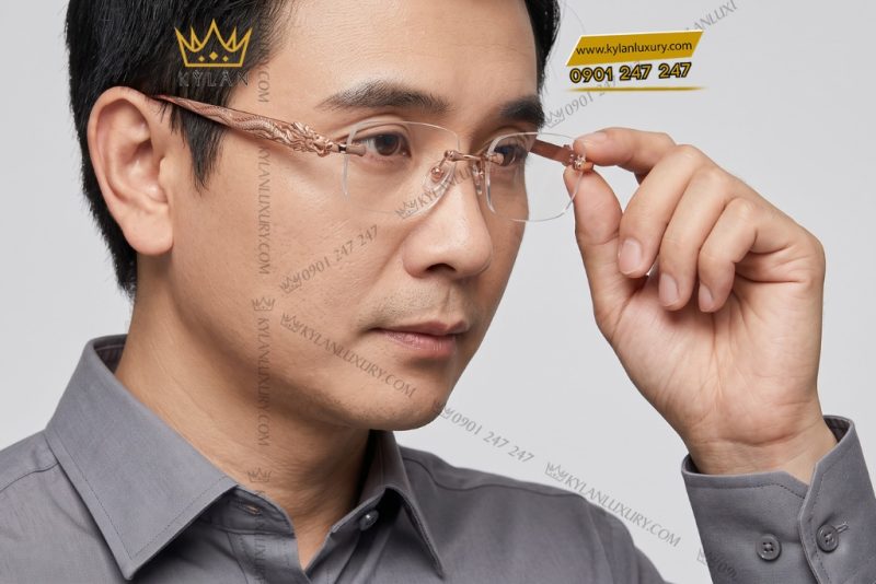 Mắt kính vàng hồng Au750 không viền họa tiết rồng