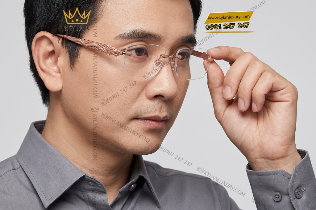 Mắt kính vàng hồng Au750 không viền họa tiết rồng