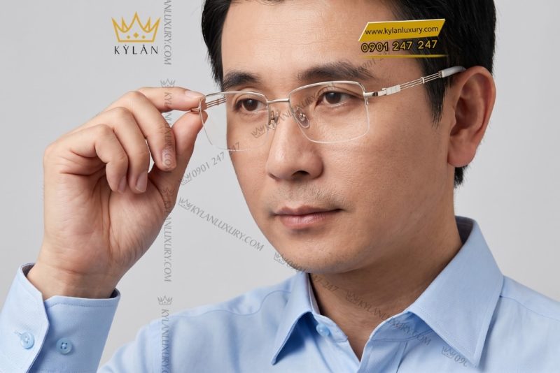 Mắt kính vàng trắng Au750 nửa viền càng ba thanh song song