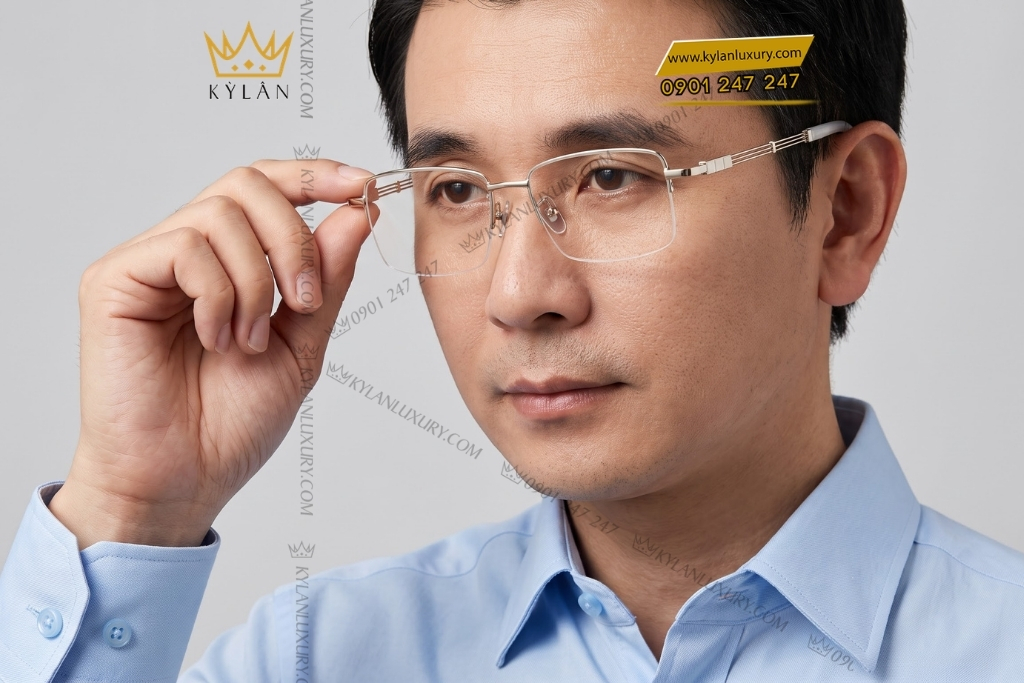 Mắt kính vàng trắng Au750 nửa viền càng ba thanh song song