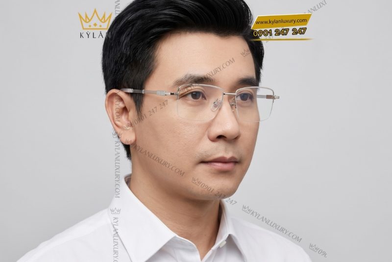 Mắt kính vàng trắng Au750 nửa viền càng ba thanh song song