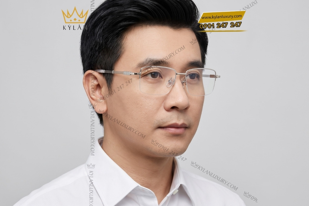 Kỳ Lân Luxury Mat kinh vang trang Au750 nua vien cang ba thanh song song 8 Mắt kính vàng trắng Au750 nửa viền càng ba thanh song song