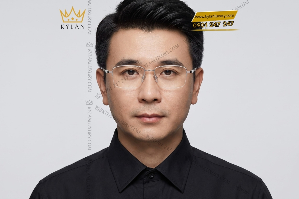 Mắt kính vàng trắng Au750 nửa viền càng ba thanh song song