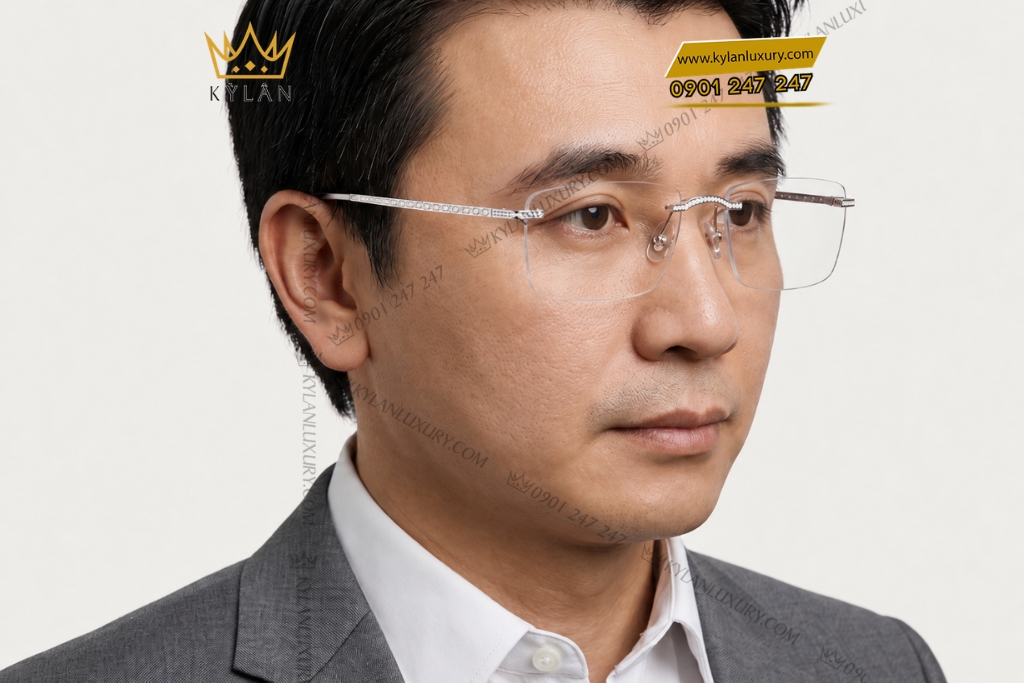 Mắt kính vàng vàng Au750 đính kim cương họa tiết oval