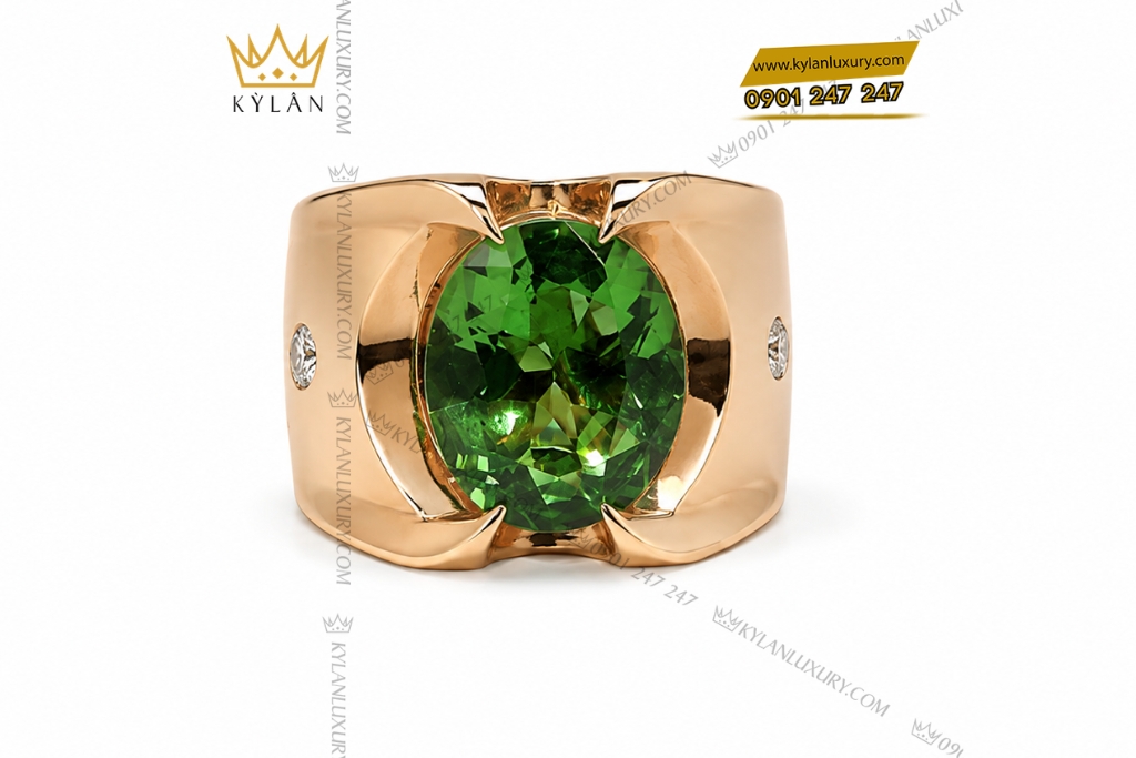 Kỳ Lân Luxury Nhan nam vang hong Au750 dinh da quy xanh 1 Nhẫn nam vàng hồng Au750 đính đá quý xanh