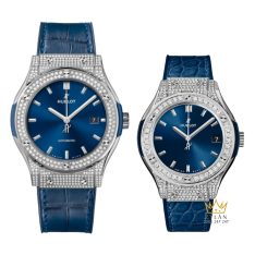 Cặp đồng hồ Hublot Classic Fusion xanh dương đính kim cương 42mm & 33mm