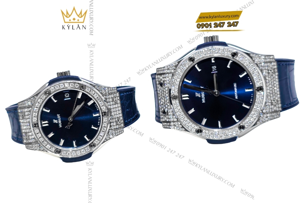 Kỳ Lân Luxury cap hublot classic fusion xanh dinh kim cuong 42mm 33mm 2 Cặp đồng hồ Hublot Classic Fusion xanh dương đính kim cương 42mm & 33mm