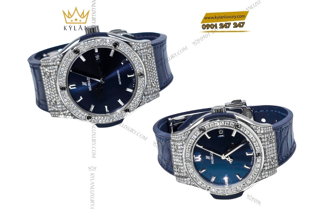 Kỳ Lân Luxury cap hublot classic fusion xanh dinh kim cuong 42mm 33mm 3 Cặp đồng hồ Hublot Classic Fusion xanh dương đính kim cương 42mm & 33mm