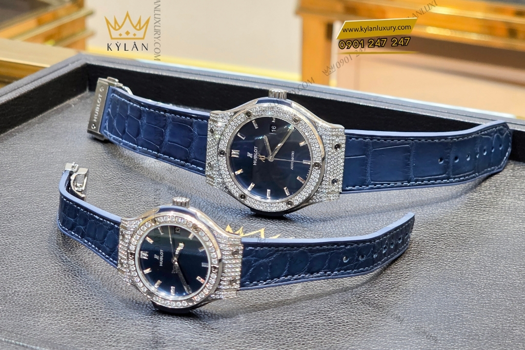 Kỳ Lân Luxury cap hublot classic fusion xanh dinh kim cuong 42mm 33mm 9 Cặp đồng hồ Hublot Classic Fusion xanh dương đính kim cương 42mm & 33mm