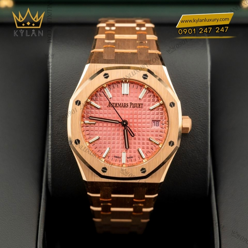 Kỳ Lân Luxury dong ho royal oak vang hong mat so hong 77450or 11 Đồng hồ Royal Oak vàng hồng mặt số hồng 77450OR