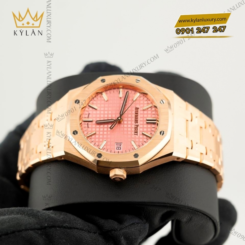 Kỳ Lân Luxury dong ho royal oak vang hong mat so hong 77450or 12 Đồng hồ Royal Oak vàng hồng mặt số hồng 77450OR