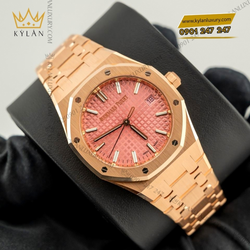 Kỳ Lân Luxury dong ho royal oak vang hong mat so hong 77450or 5 Đồng hồ Royal Oak vàng hồng mặt số hồng 77450OR