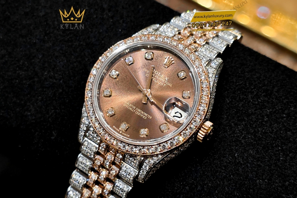 Kỳ Lân Luxury rolex datejust 31 278381rbr chocolate custom kim cuong 8 Đồng hồ Rolex Datejust 31 chocolate custom kim cương 278381RBR