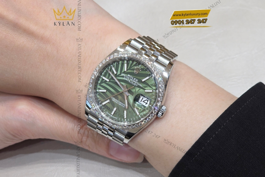 Kỳ Lân Luxury rolex datejust 36 xanh la co custom vanh kim 126234 11 Đồng hồ Rolex Datejust 36 xanh lá cọ custom vành kim 126234
