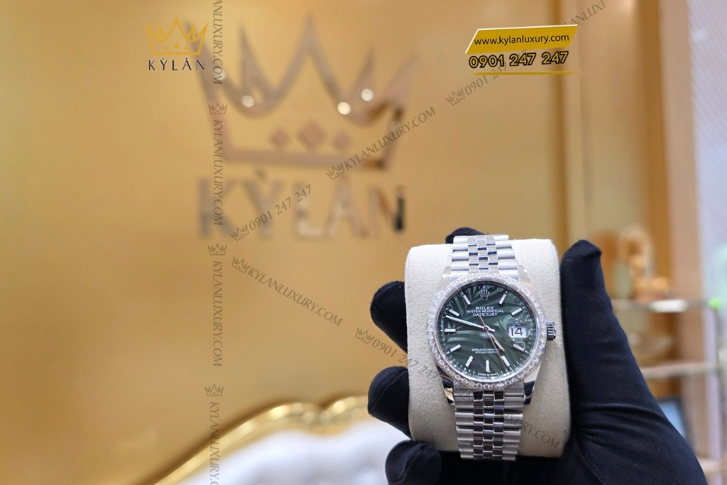 Kỳ Lân Luxury rolex datejust 36 xanh la co custom vanh kim 126234 12 Đồng hồ Rolex Datejust 36 xanh lá cọ custom vành kim 126234