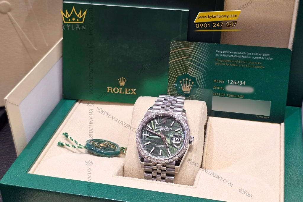 Kỳ Lân Luxury rolex datejust 36 xanh la co custom vanh kim 126234 14 Đồng hồ Rolex Datejust 36 xanh lá cọ custom vành kim 126234