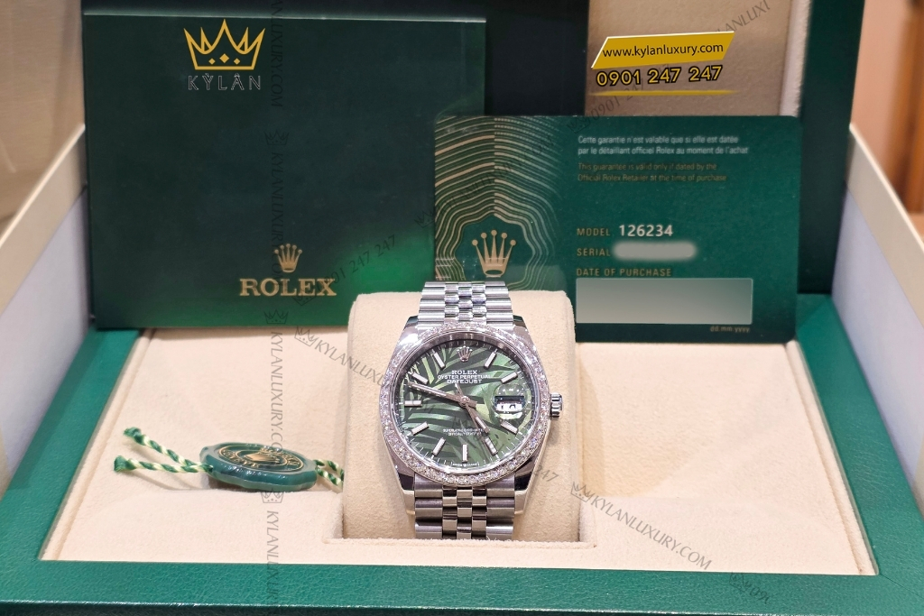 Kỳ Lân Luxury rolex datejust 36 xanh la co custom vanh kim 126234 15 Đồng hồ Rolex Datejust 36 xanh lá cọ custom vành kim 126234