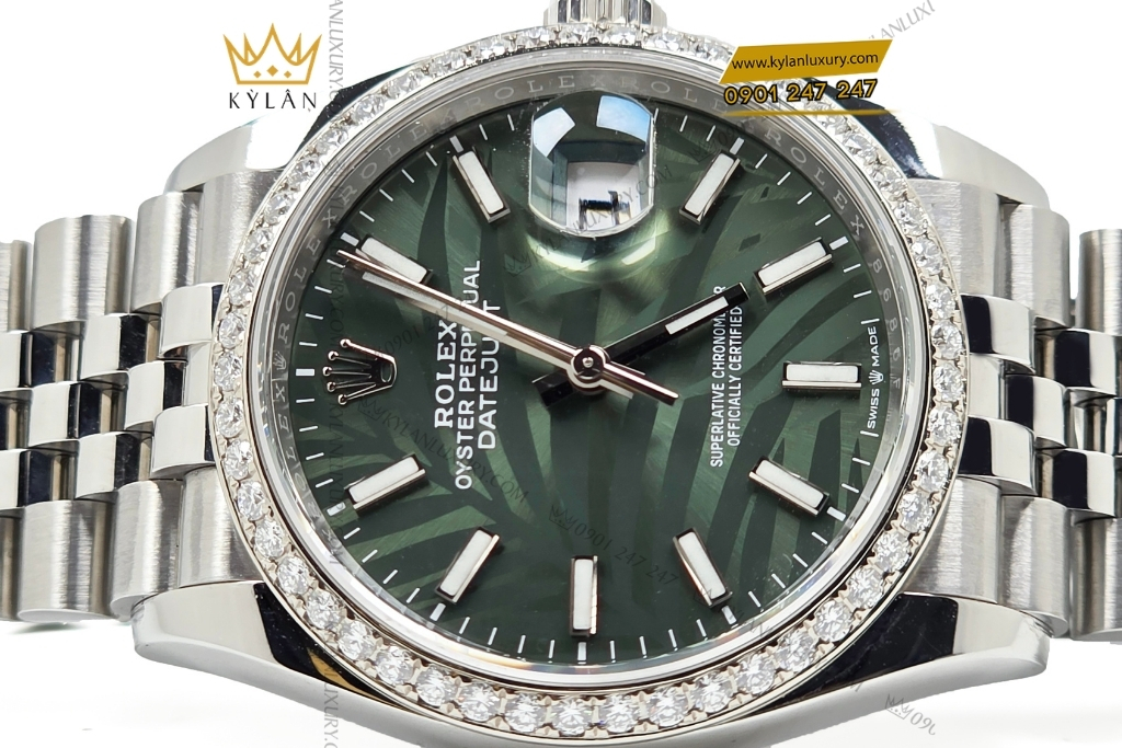 Kỳ Lân Luxury rolex datejust 36 xanh la co custom vanh kim 126234 4 Đồng hồ Rolex Datejust 36 xanh lá cọ custom vành kim 126234
