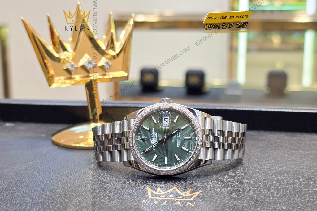 Kỳ Lân Luxury rolex datejust 36 xanh la co custom vanh kim 126234 9 Đồng hồ Rolex Datejust 36 xanh lá cọ custom vành kim 126234