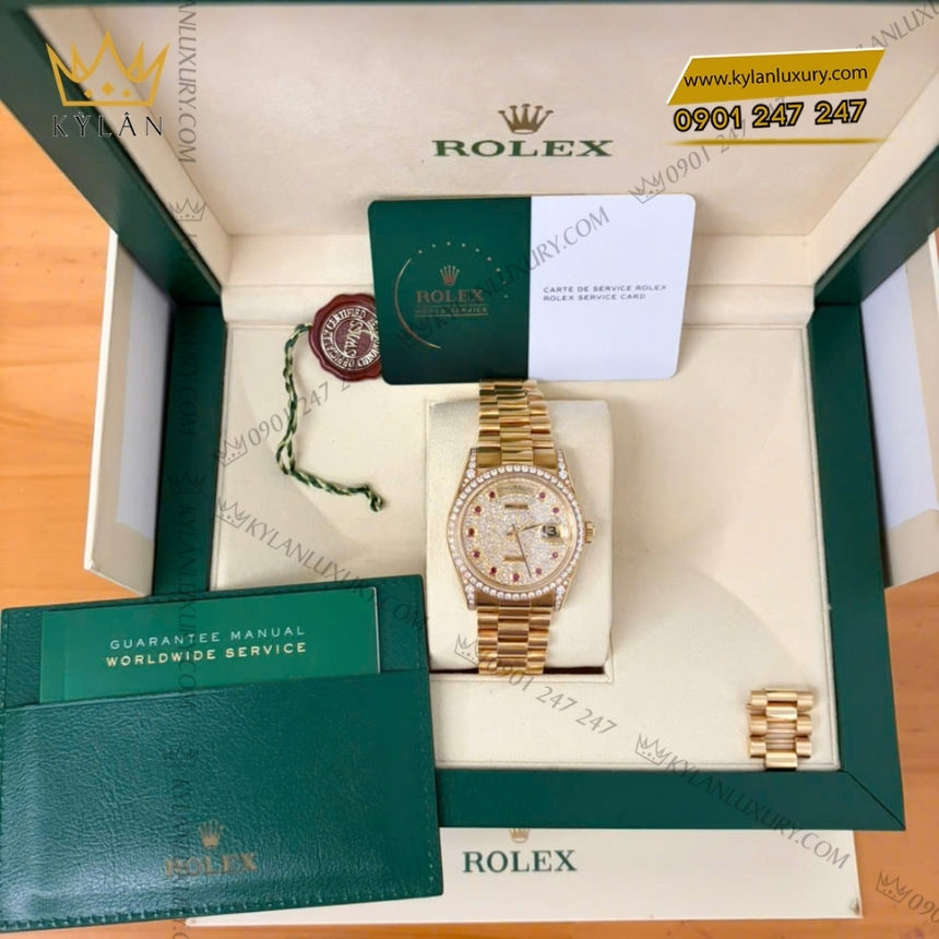 Kỳ Lân Luxury rolex day date 36 18238 mat kim cuong coc ruby 2 Đồng hồ Rolex Day Date 36 mặt số kim cương cọc ruby 18238