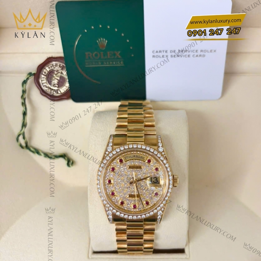 Kỳ Lân Luxury rolex day date 36 18238 mat kim cuong coc ruby 3 Đồng hồ Rolex Day Date 36 mặt số kim cương cọc ruby 18238
