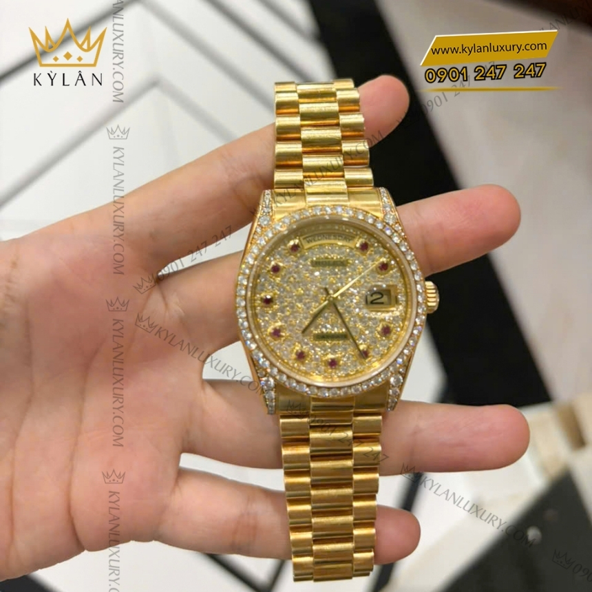 Kỳ Lân Luxury rolex day date 36 18238 mat kim cuong coc ruby 6 Đồng hồ Rolex Day Date 36 mặt số kim cương cọc ruby 18238