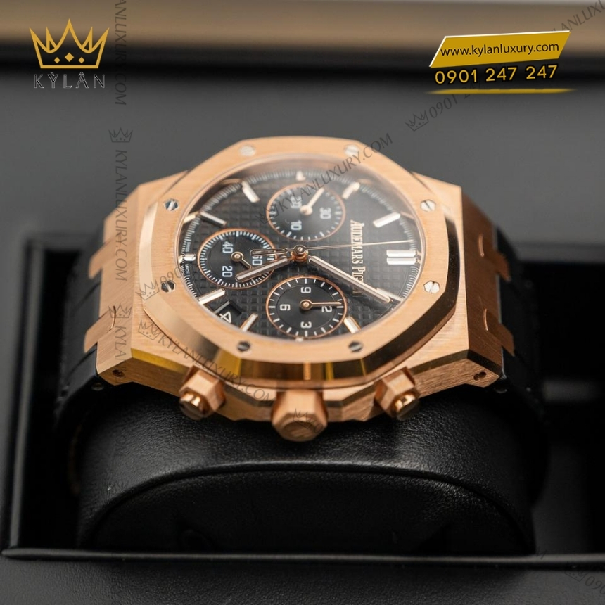 Kỳ Lân Luxury royal oak chronograph mat den day da 26240or 10 Đồng hồ Royal Oak Chronograph mặt đen dây da 26240OR