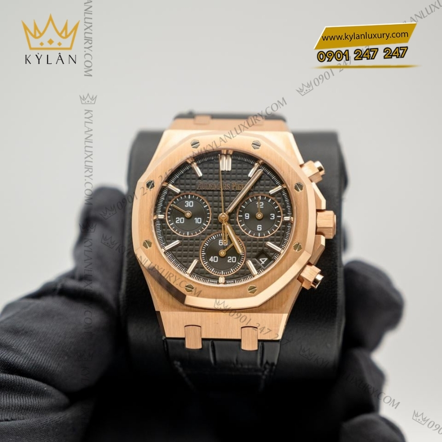 Kỳ Lân Luxury royal oak chronograph mat den day da 26240or 4 Đồng hồ Royal Oak Chronograph mặt đen dây da 26240OR