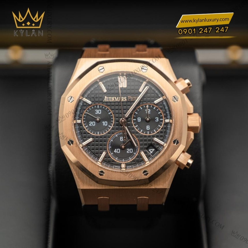 Kỳ Lân Luxury royal oak chronograph mat den day da 26240or 6 Đồng hồ Royal Oak Chronograph mặt đen dây da 26240OR