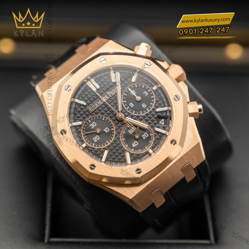 Kỳ Lân Luxury royal oak chronograph mat den day da 26240or 7 Đồng hồ Royal Oak Chronograph mặt đen dây da 26240OR