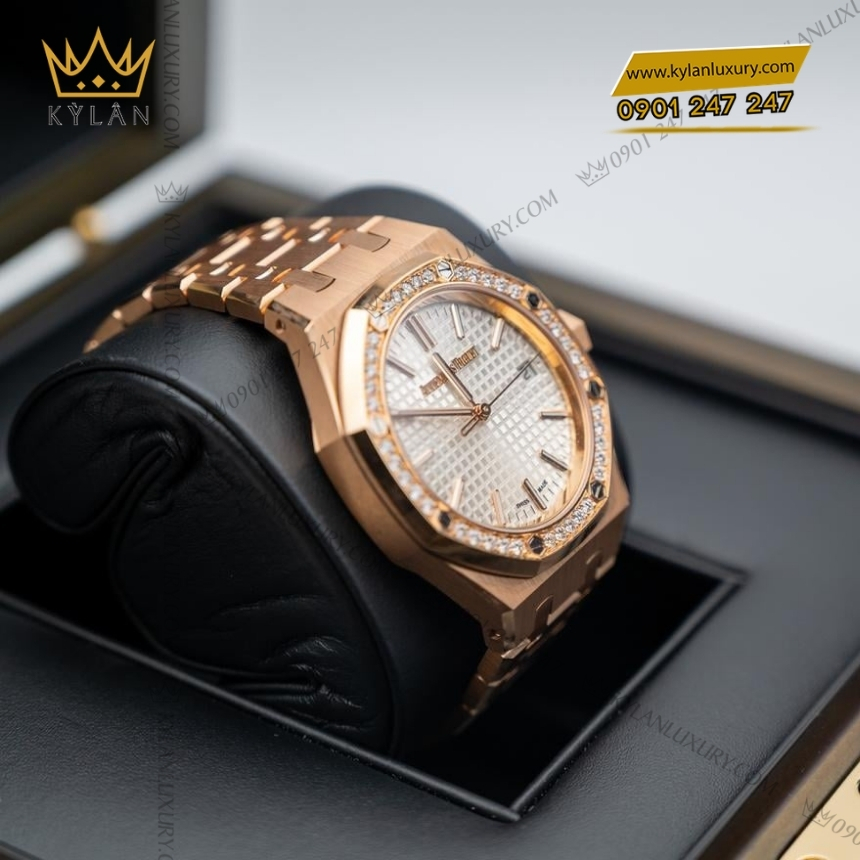 Kỳ Lân Luxury royal oak mat bac vanh kim 15551or 2 Đồng hồ Royal Oak mặt số bạc vành kim 37mm 15551OR