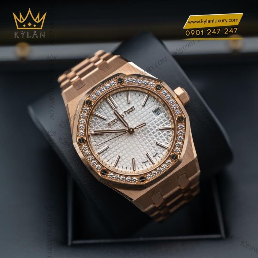 Kỳ Lân Luxury royal oak mat bac vanh kim 15551or 3 Đồng hồ Royal Oak mặt số bạc vành kim 37mm 15551OR