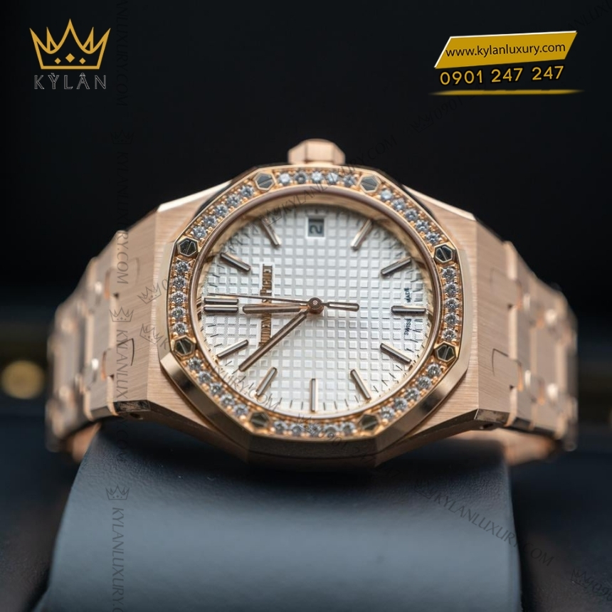 Kỳ Lân Luxury royal oak mat bac vanh kim 15551or 6 Đồng hồ Royal Oak mặt số bạc vành kim 37mm 15551OR