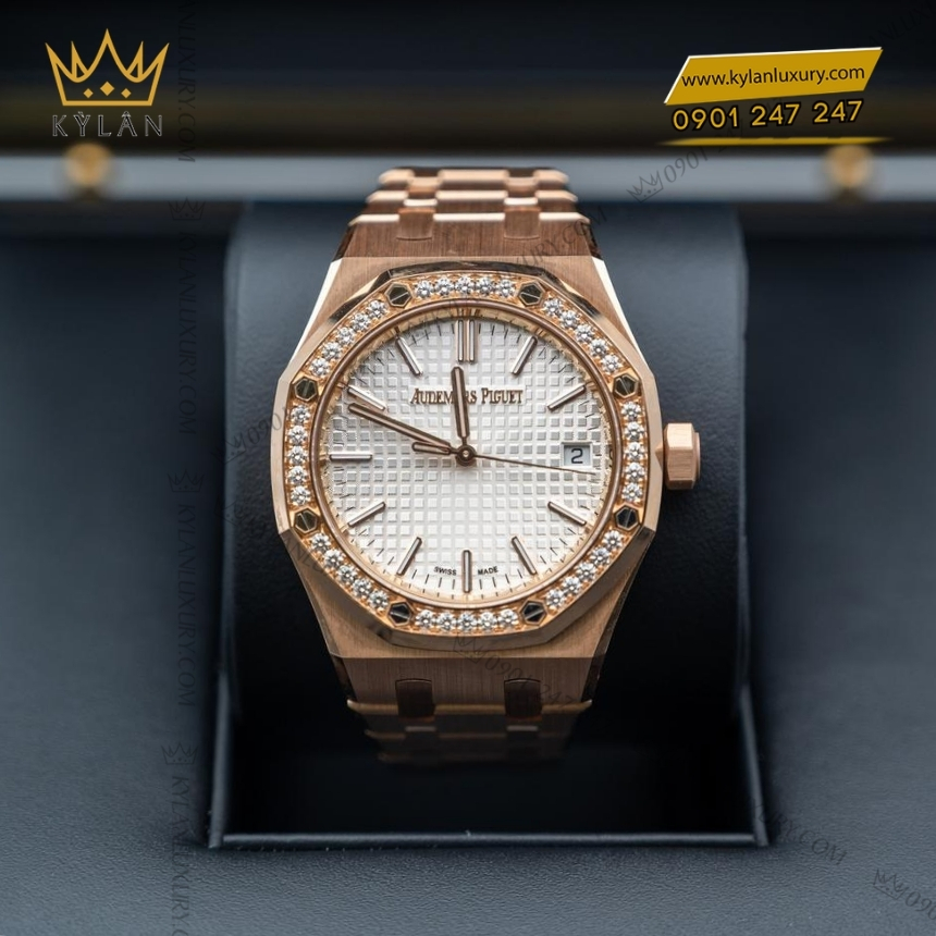 Kỳ Lân Luxury royal oak mat bac vanh kim 15551or 8 Đồng hồ Royal Oak mặt số bạc vành kim 37mm 15551OR