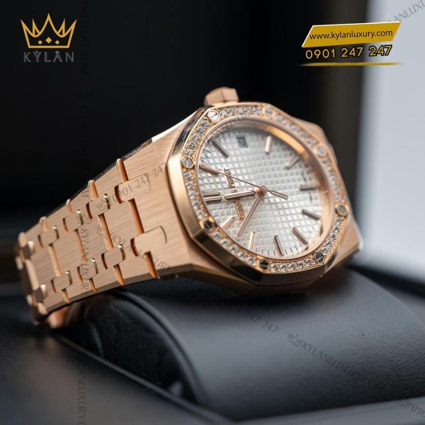 Kỳ Lân Luxury royal oak mat bac vanh kim 15551or 9 Đồng hồ Royal Oak mặt số bạc vành kim 37mm 15551OR
