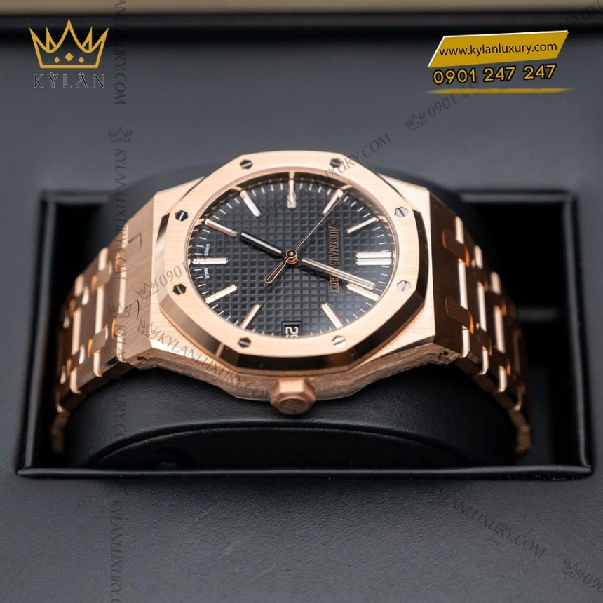 Kỳ Lân Luxury royal oak selfwinding mat so den 15510or 2 Đồng hồ Royal Oak Selfwinding vàng hồng mặt số đen 15510OR