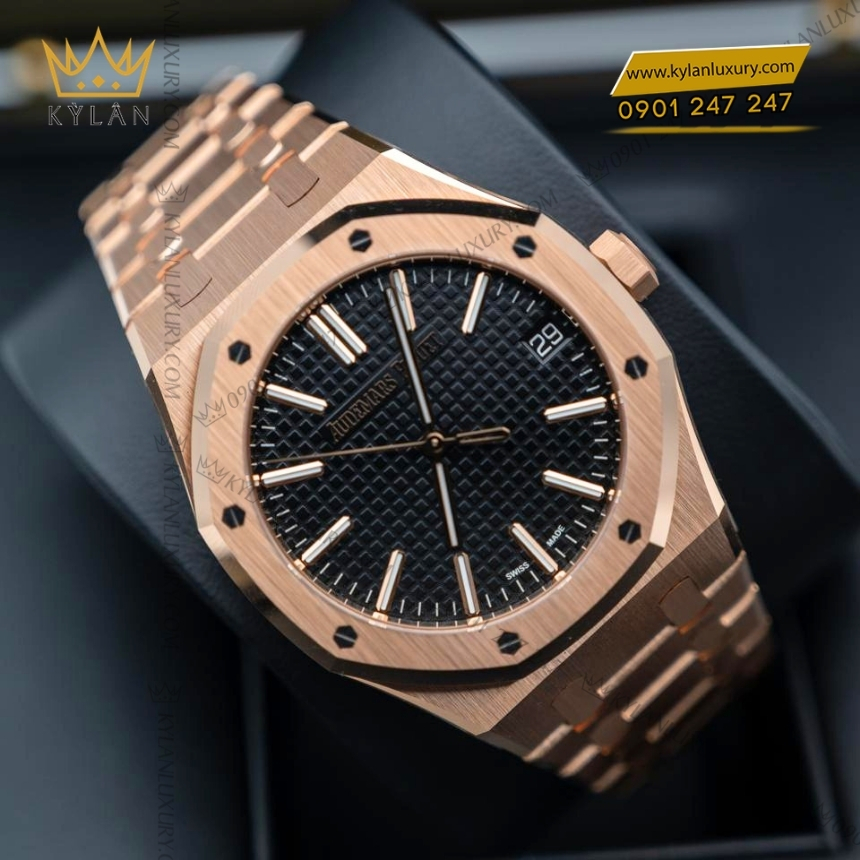 Kỳ Lân Luxury royal oak selfwinding mat so den 15510or 3 Đồng hồ Royal Oak Selfwinding vàng hồng mặt số đen 15510OR