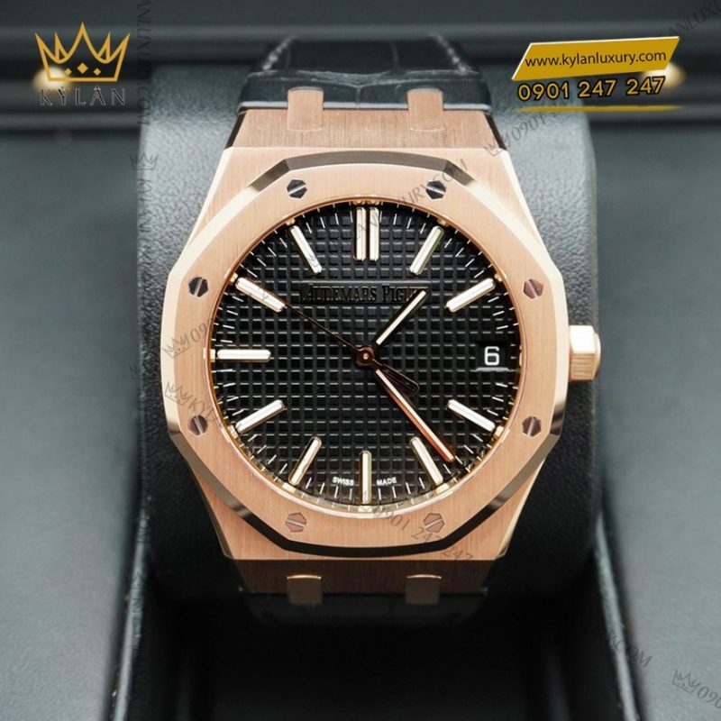 Đồng hồ Royal Oak Selfwinding mặt số đen dây da 15510OR