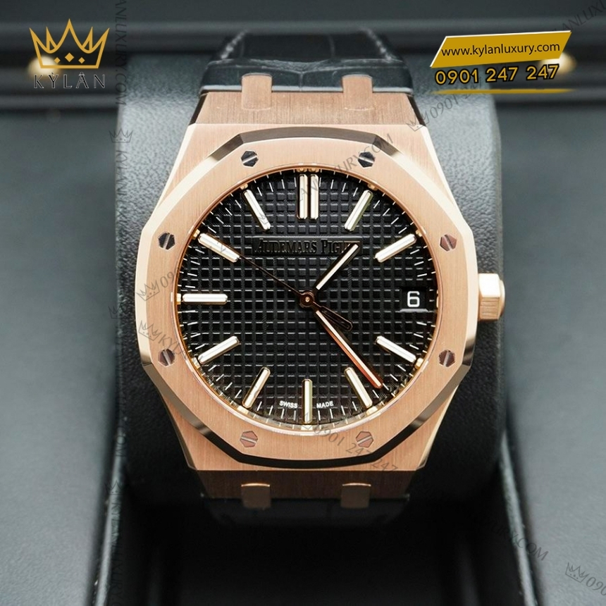 Kỳ Lân Luxury royal oak selfwinding mat so den 15510or 5 1 Đồng hồ Royal Oak Selfwinding mặt số đen dây da 15510OR