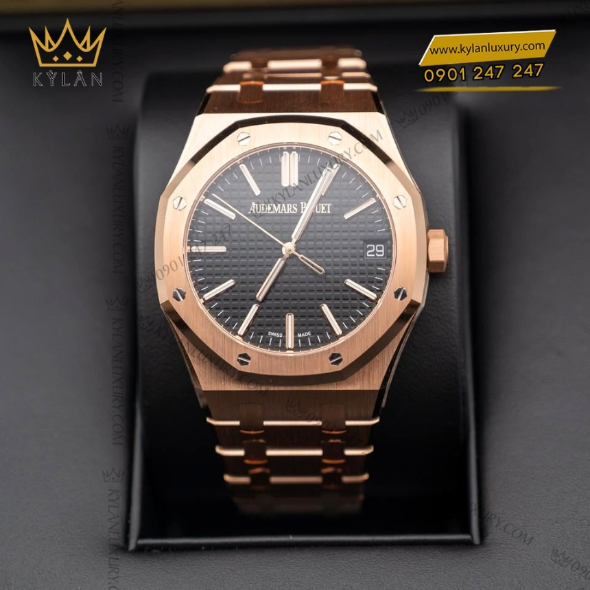 Kỳ Lân Luxury royal oak selfwinding mat so den 15510or 5 Đồng hồ Royal Oak Selfwinding vàng hồng mặt số đen 15510OR